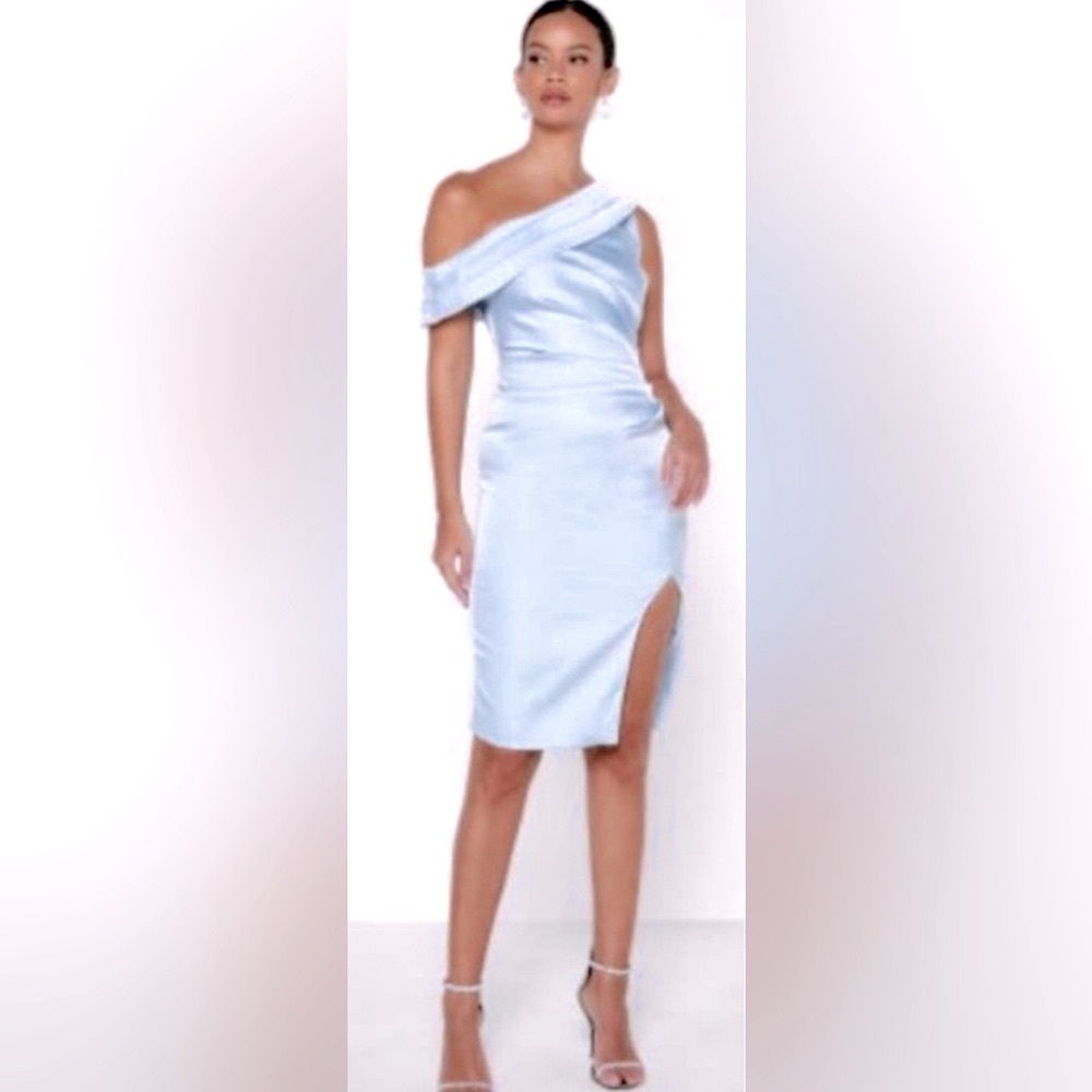 Lavish Alice One Shoulder Cocktail Midi Dress Ruched w Front Slit Powder Blue